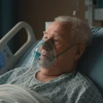 Fotografia realistica di un paziente anziano (70 anni) in un letto d'ospedale, espressione preoccupata, maschera per ossigeno vicina ma non indossata, luce soffusa dalla finestra, messa a fuoco selettiva sul volto del paziente, obiettivo 50mm, profondità di campo ridotta.