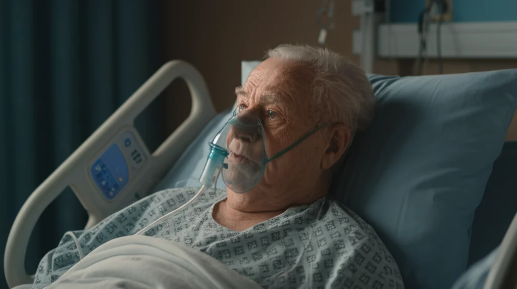 Fotografia realistica di un paziente anziano (70 anni) in un letto d'ospedale, espressione preoccupata, maschera per ossigeno vicina ma non indossata, luce soffusa dalla finestra, messa a fuoco selettiva sul volto del paziente, obiettivo 50mm, profondità di campo ridotta.