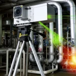 Immagine fotorealistica di un sistema di imaging gamma multi-sensore (camera gamma con maschera codificata visibile, camera ottica, unità LiDAR) montato su un treppiede industriale. Il sistema è puntato verso delle tubazioni complesse in un ambiente che ricorda una centrale nucleare. Una sovrapposizione grafica mostra un debole hotspot luminoso su una delle tubazioni, e linee indicano la misurazione della distanza dal LiDAR. Illuminazione controllata, alta definizione dei dettagli tecnici, obiettivo prime 35mm, profondità di campo media.