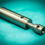 Immagine macro fotorealistica (obiettivo 90mm) di un innovativo strumento chirurgico (guaina di Amplatz modificata) per la rimozione di calcoli renali, appoggiato su un telo chirurgico sterile verde. Illuminazione controllata da studio che enfatizza i dettagli del meccanismo a vite in metallo lucido e del canale laterale per l'aspirazione. Alta definizione, messa a fuoco precisa sullo strumento, sfondo leggermente sfocato.