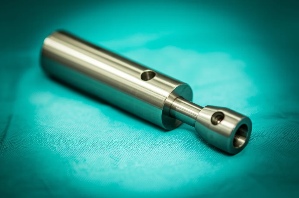 Immagine macro fotorealistica (obiettivo 90mm) di un innovativo strumento chirurgico (guaina di Amplatz modificata) per la rimozione di calcoli renali, appoggiato su un telo chirurgico sterile verde. Illuminazione controllata da studio che enfatizza i dettagli del meccanismo a vite in metallo lucido e del canale laterale per l'aspirazione. Alta definizione, messa a fuoco precisa sullo strumento, sfondo leggermente sfocato.