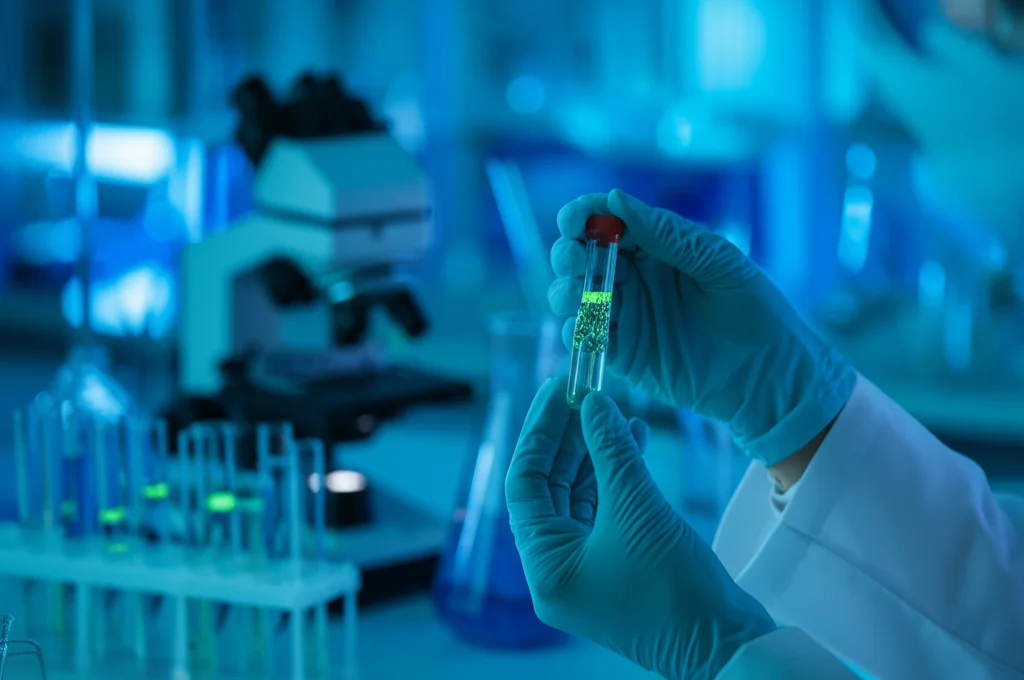 Primo piano fotorealistico, obiettivo prime 35mm, che mostra le mani guantate di uno scienziato/a che tengono con cura una fiala contenente una soluzione di nanoparticelle luminescenti (leggero bagliore verde-bluastro che rappresenta l'ICG). Attrezzature di laboratorio (microscopio, provette) sono sfocate sullo sfondo. Profondità di campo ridotta. L'immagine suggerisce ricerca avanzata sul cancro, precisione e speranza.