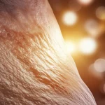 Primo piano macro (obiettivo 85mm) di una sezione stilizzata di vena che mostra una riduzione dell'infiammazione (colori più calmi, meno rossi) con una luce dorata soffusa che simboleggia l'effetto benefico della Vitamina D. Alta definizione, illuminazione controllata in studio, sfondo sfocato (bokeh).
