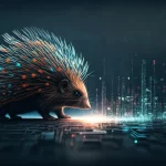 Un istrice crestato (Hystrix cristata) stilizzato e digitale, i cui aculei si trasformano in linee di codice o punti dati che convergono verso un fronte di Pareto luminoso, simboleggiando l'algoritmo MOCPO, sfondo tecnologico astratto blu scuro.
