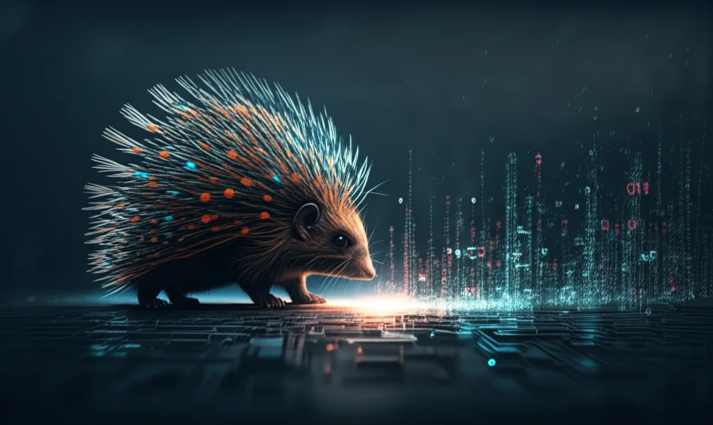 Un istrice crestato (Hystrix cristata) stilizzato e digitale, i cui aculei si trasformano in linee di codice o punti dati che convergono verso un fronte di Pareto luminoso, simboleggiando l'algoritmo MOCPO, sfondo tecnologico astratto blu scuro.