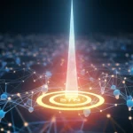 Visualizzazione concettuale della stimolazione cerebrale profonda (DBS) nel cervello umano. Un fascio di luce o energia stilizzato converge sul nucleo subtalamico (STN), circondato da reti neurali luminose che rappresentano l'attività desincronizzata. Sfondo scuro per enfatizzare la luce. Immagine grandangolare (15mm) con messa a fuoco nitida sull'area target, evocando tecnologia e speranza.