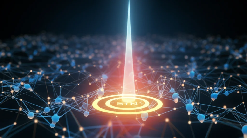 Visualizzazione concettuale della stimolazione cerebrale profonda (DBS) nel cervello umano. Un fascio di luce o energia stilizzato converge sul nucleo subtalamico (STN), circondato da reti neurali luminose che rappresentano l'attività desincronizzata. Sfondo scuro per enfatizzare la luce. Immagine grandangolare (15mm) con messa a fuoco nitida sull'area target, evocando tecnologia e speranza.