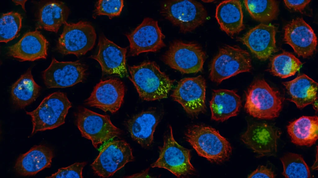 Visualizzazione microscopica ad alta risoluzione di sferoidi di cancro colon-rettale (CRC), con cellule KRAS mutate illuminate. Focus selettivo su alcune cellule che mostrano segni di stress (UPR), sfondo scuro, illuminazione drammatica, stile fotorealistico, obiettivo macro 100mm.