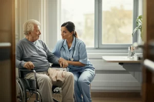 Fotografia di ritratto, 35mm, un'infermiera compassionevole che parla dolcemente con un paziente anziano seduto su una sedia a rotelle vicino a una finestra luminosa in un reparto ospedaliero. Atmosfera calma e di supporto. Profondità di campo.