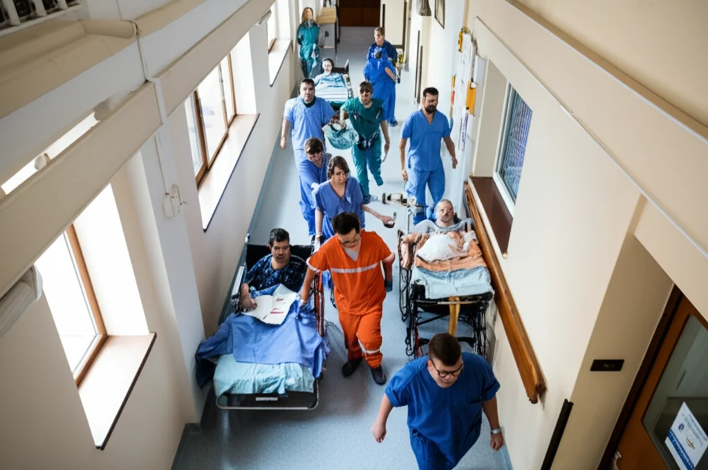 Fotografia realistica di un'esercitazione di evacuazione ospedaliera vista dall'alto, con personale che guida pazienti su letti e sedie a rotelle lungo un corridoio. Obiettivo grandangolare 24mm, luce naturale filtrata dalle finestre, senso di urgenza controllata.