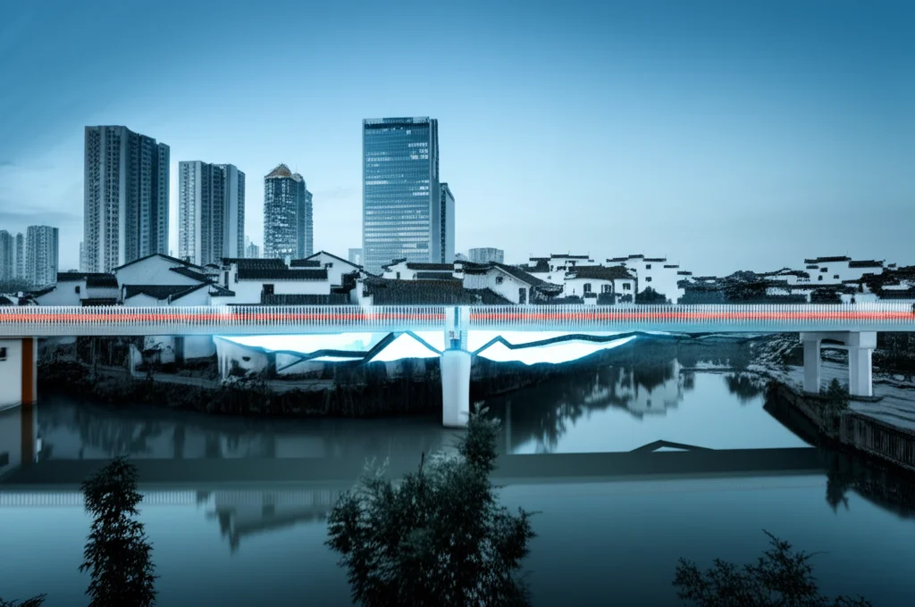 Immagine concettuale che mostra un ponte digitale luminoso che collega uno skyline urbano futuristico a un villaggio rurale cinese tradizionale, ma il ponte presenta delle crepe o delle sezioni più strette verso la parte rurale, simboleggiando il divario. Fotografia paesaggistica, obiettivo grandangolare 18mm, lunga esposizione per scie luminose, messa a fuoco nitida su entrambi gli estremi, atmosfera crepuscolare.