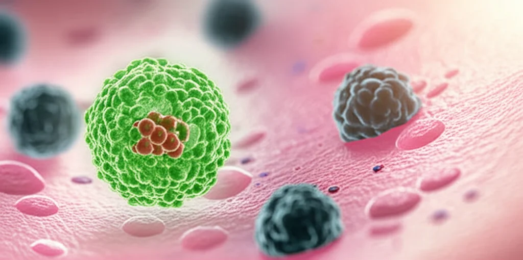 Immagine concettuale fotorealistica: una molecola di clorofillina sodico rameica stilizzata (verde brillante con un atomo di rame al centro) che interagisce con cellule tumorali (scure, irregolari) da un lato e protegge cellule sane della vescica (rosa, lisce) dall'altro. Sfondo di laboratorio leggermente sfocato. Macro lens, 60mm, high detail, precise focusing, controlled lighting.