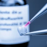 IMMAGINE CONCETUALE, lente da 35 mm, profondità di campo. La mano di un dentista con in mano una bacchetta laser dentale che punta verso una corona ceramica disilicata di litio detenuta da pinzette, contrastata con una bottiglia etichettata con l'acido "idrofluorico" sfocato sullo sfondo. Concentrati sulla punta del laser e sulla ceramica, suggerendo una moderna alternativa. Duotone blu e grigio.