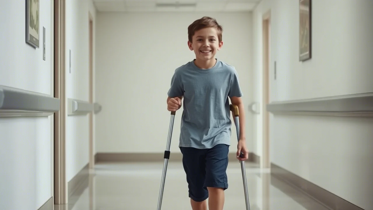Immagine fotorealistica di un adolescente sorridente che cammina senza stampelle dopo un intervento di successo per displasia osteofibrosa alla gamba, ripresa con obiettivo prime 35mm, luce naturale morbida, stile documentaristico, enfatizzando il recupero funzionale.