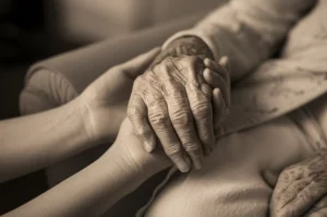 Immagine simbolica della fragilità negli anziani: una mano anziana e rugosa tenuta delicatamente da una mano più giovane, simboleggiando cura e supporto. Fotografia ritratto, obiettivo 50mm, profondità di campo, toni seppia e grigio duotone, luce soffusa.