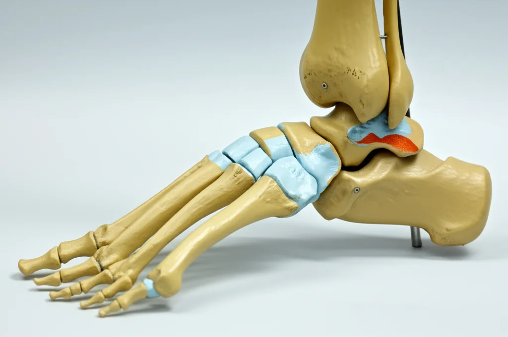 Primo piano di un modello anatomico del piede e della caviglia che mostra le articolazioni tibio-talare e sotto-talare coinvolte nell'artrodesi tibio-talo-calcaneare. Illuminazione da studio controllata, obiettivo macro 90mm, alta definizione per evidenziare i dettagli ossei.