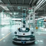 Vista fotorealistica di un'interfaccia di digital twin sovrapposta a una moderna stazione ferroviaria, con un veicolo mobile autonomo che scansiona l'ambiente. Obiettivo grandangolare 24mm, luce naturale diffusa, alta definizione.