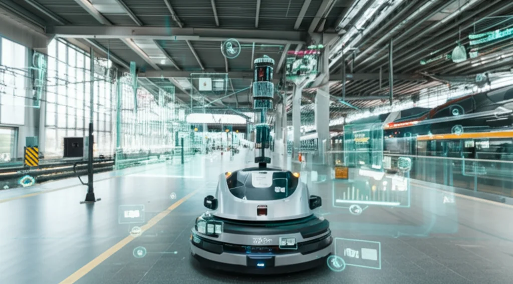 Vista fotorealistica di un'interfaccia di digital twin sovrapposta a una moderna stazione ferroviaria, con un veicolo mobile autonomo che scansiona l'ambiente. Obiettivo grandangolare 24mm, luce naturale diffusa, alta definizione.