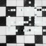 Visualizzazione astratta della percezione visiva: elementi quadrati sottili appaiono simultaneamente contro una complessa texture a scacchiera bianca e nera, suggerendo una forma rettangolare nascosta. Obiettivo macro, 90mm, alto dettaglio, illuminazione controllata, enfatizzando il contrasto tra sfondo statico ed elementi dinamici.