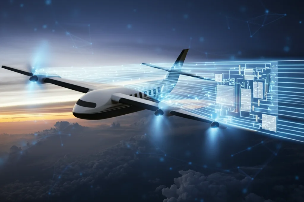 Visualizzazione concettuale di un aereo 'More Electric Aircraft' in volo, con linee luminose che rappresentano i flussi di potenza elettrica gestiti da sistemi avanzati come il convertitore QAB controllato da MDCS-MPC, illuminazione dinamica high-tech, obiettivo grandangolare 18mm, cielo serale suggestivo.