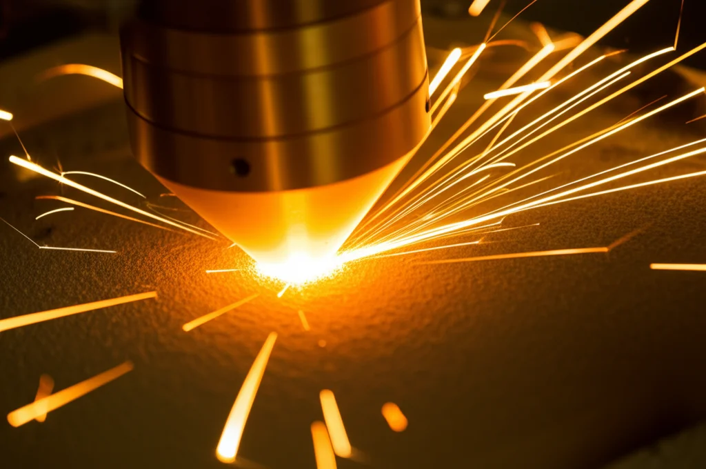 Fotografia ad alta velocità di un processo di laser cladding in azione. Un fascio laser focalizzato fonde una polvere metallica (acciaio inossidabile martensitico) mentre viene depositata su una superficie di ghisa sferoidale. Si vedono scintille luminose e la pozza fusa. Teleobiettivo zoom 150mm, fast shutter speed, tracciamento del movimento, messa a fuoco precisa sulla zona di interazione laser-materiale.