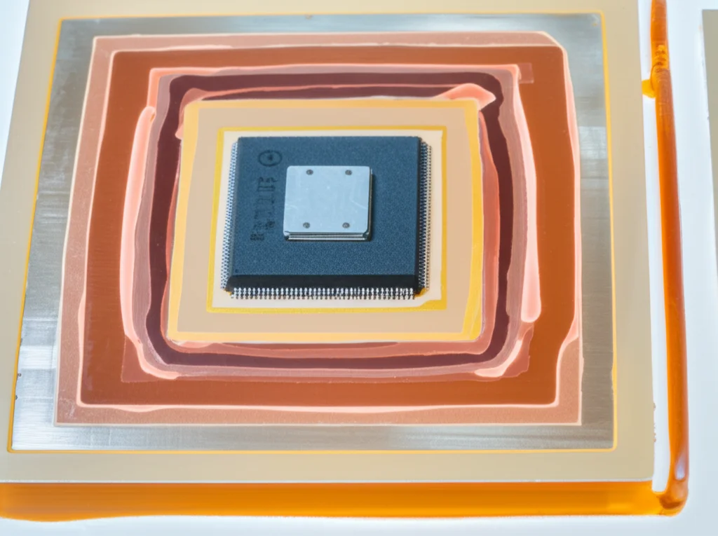 Fotografia macro, lente 90mm, di un package ceramico laminato per semiconduttori, con strati visibili e un chip montato sopra. Illuminazione controllata, alta definizione, focus preciso sulla struttura stratificata e sui materiali.