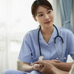 Fotografia realistica di un'infermiera oncologica coreana che tiene delicatamente la mano di un paziente anziano in una stanza d'ospedale luminosa, obiettivo prime 50mm, luce naturale soffusa, espressioni di conforto e fiducia, duotone blu e grigio per un tocco emotivo.