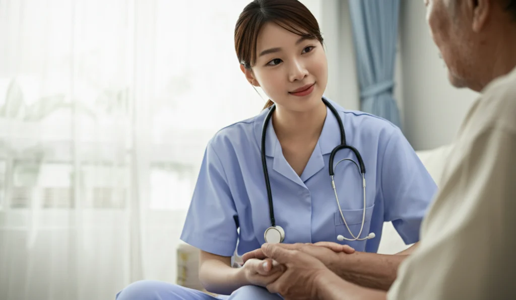 Fotografia realistica di un'infermiera oncologica coreana che tiene delicatamente la mano di un paziente anziano in una stanza d'ospedale luminosa, obiettivo prime 50mm, luce naturale soffusa, espressioni di conforto e fiducia, duotone blu e grigio per un tocco emotivo.