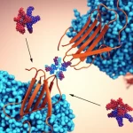 Illustrazione scientifica astratta che mostra l'interazione tra peptidi della variante Omicron di SARS-CoV-2 (rappresentati come piccoli frammenti colorati) e diverse molecole HLA (strutture proteiche stilizzate più grandi), simboleggiando la diversità genetica tra popolazioni diverse (sfondi leggermente diversi per ciascuna interazione). Prime lens, 35mm, depth of field, colori contrastanti blu e arancione duotone.