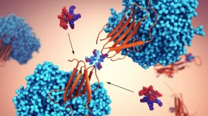 Illustrazione scientifica astratta che mostra l'interazione tra peptidi della variante Omicron di SARS-CoV-2 (rappresentati come piccoli frammenti colorati) e diverse molecole HLA (strutture proteiche stilizzate più grandi), simboleggiando la diversità genetica tra popolazioni diverse (sfondi leggermente diversi per ciascuna interazione). Prime lens, 35mm, depth of field, colori contrastanti blu e arancione duotone.
