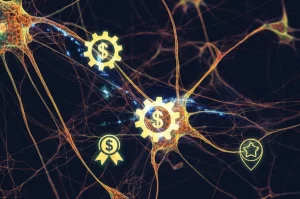 Immagine concettuale astratta che rappresenta la complessità del cervello durante la depressione. Una rete neurale stilizzata e leggermente oscurata è attraversata da scintille colorate (emozioni contrastanti) e simboli sbiaditi di ricompensa (moneta opaca) e sforzo (ingranaggio arrugginito). Fotografia macro, obiettivo 100mm, illuminazione controllata e drammatica, alto dettaglio.