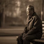 Immagine fotorealistica di un uomo anziano cinese seduto da solo su una panchina in un parco, con un'espressione contemplativa. La luce del tardo pomeriggio crea lunghe ombre, simboleggiando il peso del passato. Stile ritratto, obiettivo 35mm, toni seppia e grigio duotone, profondità di campo che sfoca lo sfondo.
