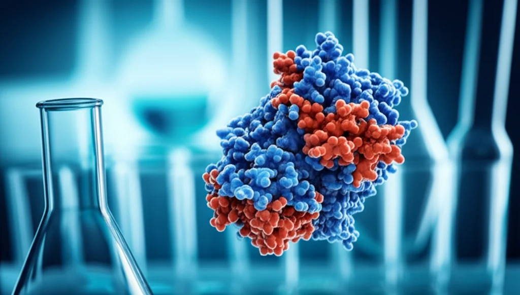 Immagine fotorealistica di una molecola di Fosfolipasi A2 (PLA2) con struttura secondaria visibile (eliche alfa, foglietti beta), sovrapposta a uno sfondo sfocato che richiama lo scorpione Hemiscorpius lepturus e provette da laboratorio, lente macro 80mm, alta definizione, illuminazione drammatica.