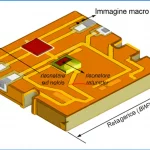 Immagine macro fotorealistica, obiettivo 60mm, dell'innovativa antenna SWB alimentata da CPW che evidenzia il suo design compatto e il risonatore ad anello complementare rettangolare per il filtraggio notch. Alto dettaglio, illuminazione controllata.