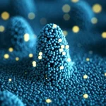 Macro fotografia, lente da 100 mm, che mostra particelle microscopiche luminose (che rappresentano farmaci) vengono rilasciati da una complessa struttura della matrice polisaccaridica, che simboleggia la consegna di farmaci coltivata mirata, dettagli elevati, messa a fuoco precisa, illuminazione controllata, leggermente futuristica.
