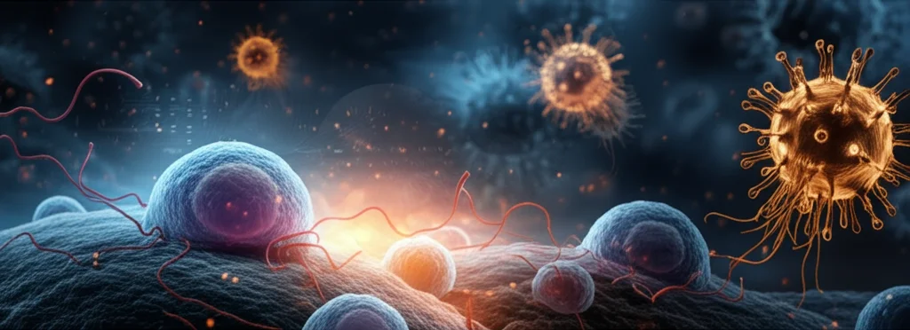 Ritratto concettuale di un sistema immunitario potenziato (linfociti T stilizzati) che attacca cellule di melanoma, con particelle virali CMV stilizzate integrate nello sfondo a suggerire l'influenza virale, stile fotorealistico con elementi grafici astratti, obiettivo prime 50mm, colori duotone blu (immunità) e arancione (cancro/virus) per contrasto visivo.