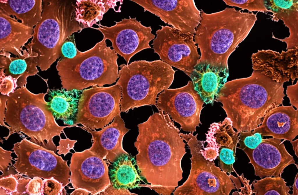 Visualizzazione artistica del microambiente tumorale del fegato, con fibroblasti eCAF (CD90+ LAMA4+) che interagiscono con cellule T CD8+, inducendone la senescenza. Macro lens, 60mm, high detail, controlled lighting, focus on cell interaction.