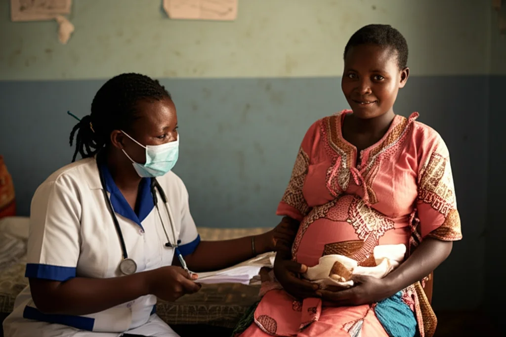 Fotografia di ritratto di una donna africana incinta che sorride delicatamente, ricevendo cure prenatali da un operatore sanitario in un ambiente clinico pulito e semplice in Tanzania. Luce morbida e naturale. Profondità di campo, ritratto da 35 mm, duotoni caldi (ad es. Marrone e crema).