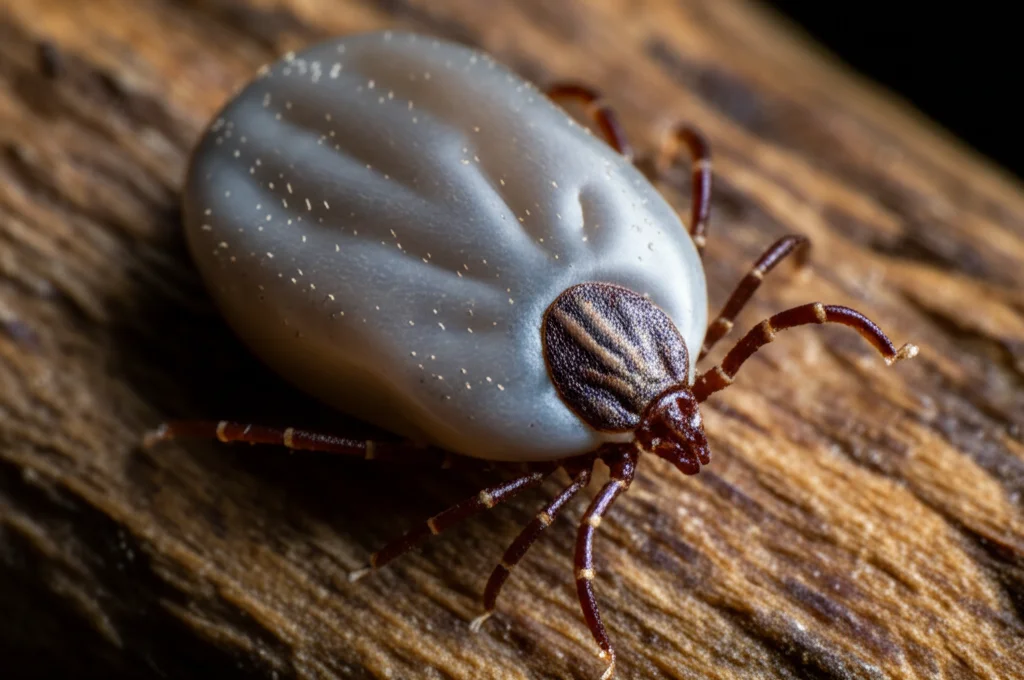 Fotografia macro ad alto dettaglio di una zecca molle Argas persicus su un pezzo di legno grezzo, obiettivo macro 105mm, illuminazione laterale controllata per enfatizzare la texture coriacea e appiattita del corpo, messa a fuoco precisa.