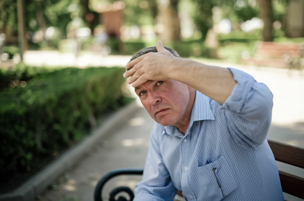 Fotografia realistica stile reportage: un uomo anziano si asciuga il sudore dalla fronte seduto su una panchina in un parco cittadino durante un'afosa giornata estiva. Obiettivo 50mm, luce solare intensa filtrata dagli alberi, profondità di campo.