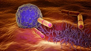 Immagine concettuale ad alto dettaglio di un macrofago umano (cellula immunitaria) che sta fagocitando il batterio Mycobacterium tuberculosis, visualizzazione 3D scientifica con illuminazione drammatica che evidenzia le strutture cellulari, stile fotorealistico, 60mm Macro lens, high detail, precise focusing.