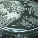 Immagine concettuale fotorealistica che mostra nanoparticelle di selenio brillanti che interagiscono con batteri Pseudomonas aeruginosa su una piastra di Petri. Obiettivo macro 90mm, alta definizione, illuminazione drammatica controllata per simboleggiare la lotta contro la resistenza agli antibiotici.