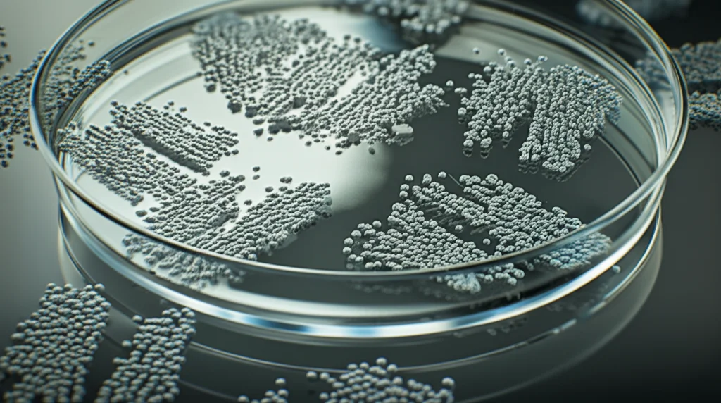 Immagine concettuale fotorealistica che mostra nanoparticelle di selenio brillanti che interagiscono con batteri Pseudomonas aeruginosa su una piastra di Petri. Obiettivo macro 90mm, alta definizione, illuminazione drammatica controllata per simboleggiare la lotta contro la resistenza agli antibiotici.