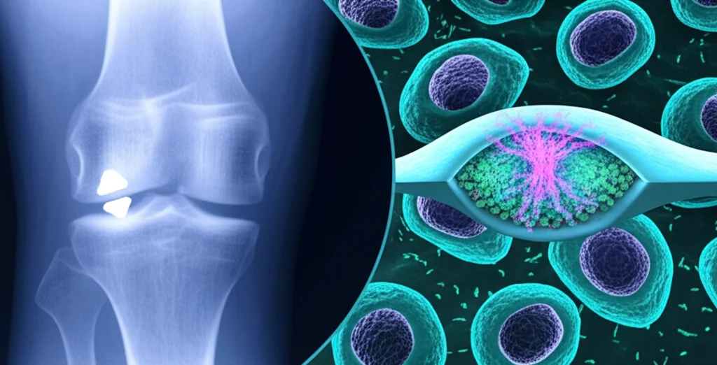 Immagine concettuale fotorealistica, obiettivo 35mm prime, che mostra una fusione: metà raffigura una precisa osteotomia tibiale alta chirurgica su una radiografia del ginocchio, l'altra metà mostra vibranti cellule staminali mesenchimali (hUCB-MSC) che rigenerano il tessuto cartilagineo, profondità di campo, duotono blu e bianco.