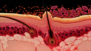 Immagine fotorealistica concettuale che mostra cellule cheratinocitiche epidermiche. Metà dell'immagine rappresenta una struttura epidermica sana e ben differenziata (strati cellulari ordinati, colore neutro), l'altra metà mostra cellule con deficit di HSPA2, con strati superiori disorganizzati (cellule più arrotondate, meno compatte) e un alone rossastro/infiammatorio che simboleggia il rilascio di mediatori immunitari (piccole particelle luminose rosse/arancioni). Lente prime 35mm, profondità di campo per evidenziare la transizione tra le due metà, illuminazione drammatica che enfatizza il contrasto tra ordine e disordine/infiammazione.