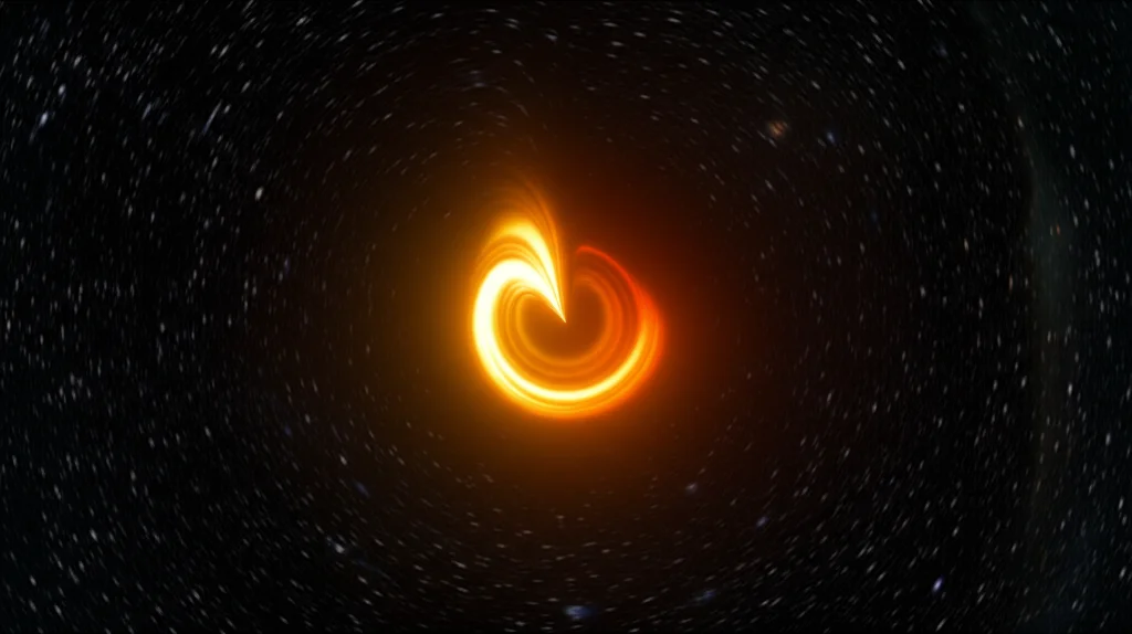 Immagine fotorealistica di un buco nero rotante esotico descritto dalla gravità dinamica Chern-Simons. Si vede un disco di accrescimento luminoso e distorto, ma con sottili differenze rispetto al caso Kerr standard, suggerendo la presenza di 'scalar hair'. Lo sfondo è lo spazio profondo. Stile: Astronomical, wide-angle 10-24mm, long exposure times, sharp focus, high detail.
