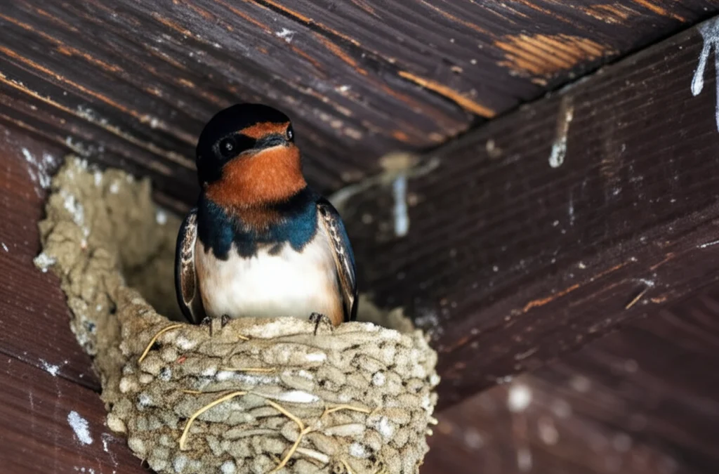 Primo piano macro di una rondine (Hirundo rustica) che osserva attentamente dalla soglia del suo nido di fango, costruito sotto la trave di legno scuro di un portico. Obiettivo macro 100mm, alta definizione, messa a fuoco precisa sull'occhio nero e vigile dell'uccello, illuminazione laterale controllata che evidenzia i dettagli del piumaggio blu-nero iridescente e della gola rossiccia, e la texture del nido.