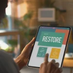 Primo piano photorealistic di una persona con espressione concentrata ma serena che utilizza un tablet in un ambiente domestico confortevole. Sullo schermo è visibile un'interfaccia web colorata e intuitiva (simulazione di RESTORE). Obiettivo 35mm, profondità di campo ridotta per sfocare lo sfondo, luce naturale dalla finestra, atmosfera calma e speranzosa.