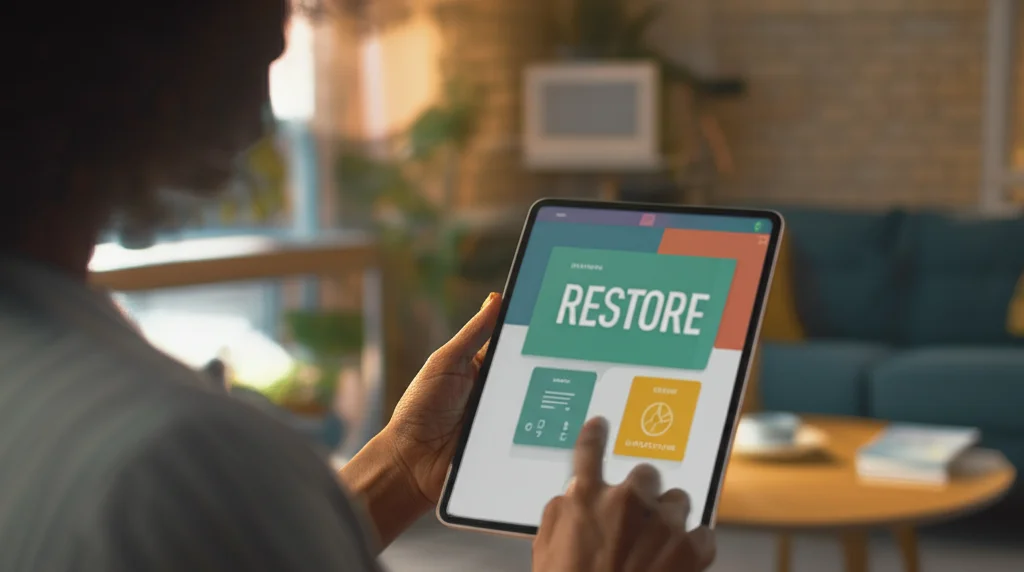 Primo piano photorealistic di una persona con espressione concentrata ma serena che utilizza un tablet in un ambiente domestico confortevole. Sullo schermo è visibile un'interfaccia web colorata e intuitiva (simulazione di RESTORE). Obiettivo 35mm, profondità di campo ridotta per sfocare lo sfondo, luce naturale dalla finestra, atmosfera calma e speranzosa.