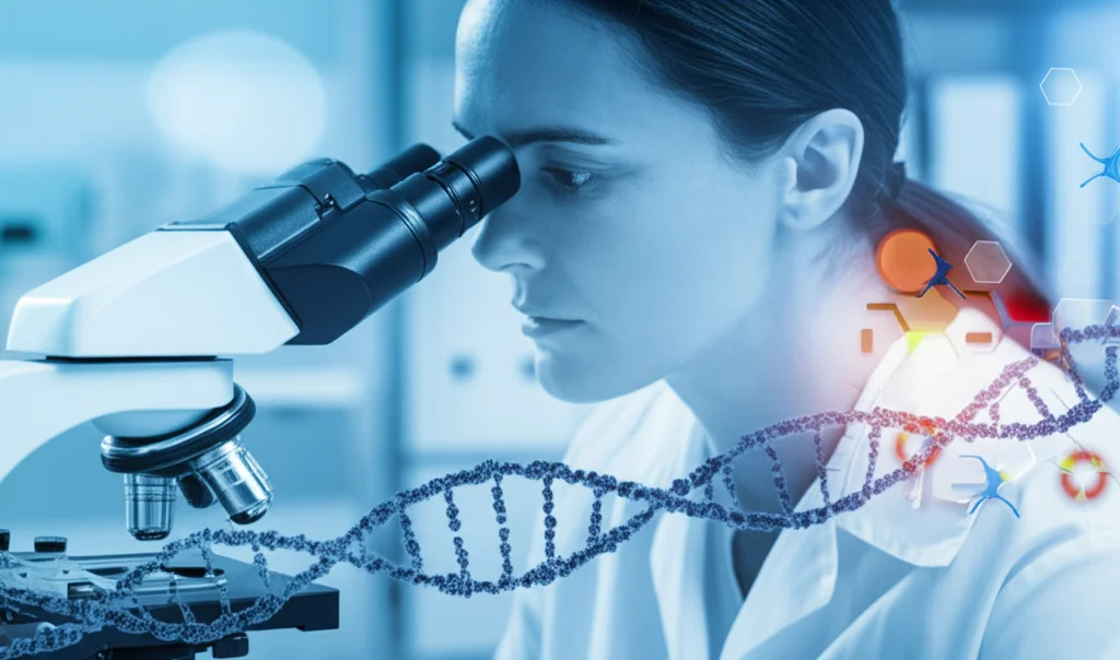 Ricercatrice in laboratorio che osserva una coltura cellulare di cancro ovarico al microscopio, con sovrapposizione grafica di eliche di DNA e mutazioni somatiche evidenziate. 35mm portrait, depth of field, luce da laboratorio controllata, toni blu e grigi duotone.